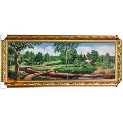 Гобеленова картина в рамі Пейзаж природи з містком до хатини 163х74см