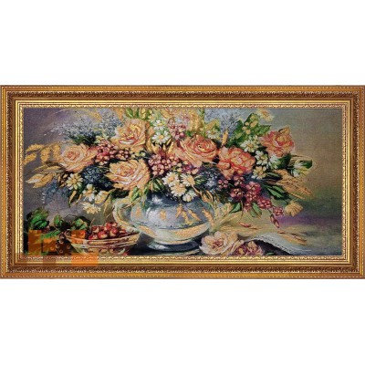Гобеленова картина Трояндта польові квіти в вазі на столі натюрморт 88х47см