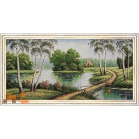 Гобеленова картина Берези місток через річку до будиночку з баштами 125х65см