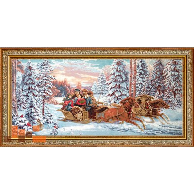 Гобеленова картина Трійка коней в упряжці зимою 163х84см