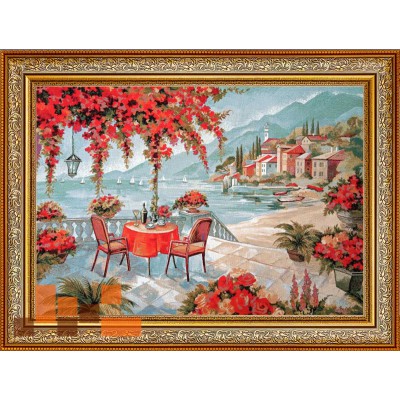 Гобеленова картина Столик біля моря з червоними квітами 112х83 см