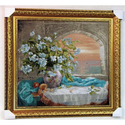 Гобеленова картина Квіти в вазі Дандорф бірюза 92х85см