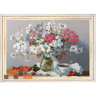 Гобеленова картина в білій/ золотій рамі Букет барвистого літа квіти на столі 52х39см