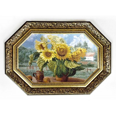 Картина гобеленова в восьмикутній рамі Соняшниковий букет на столі