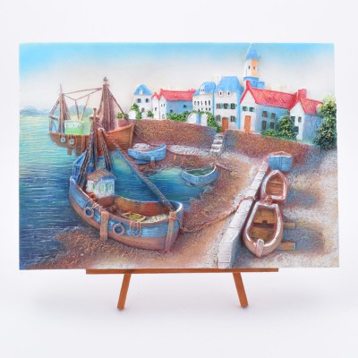 Картина об'ємна з рельєфом Морський причал біля рибацького містечка 32х23 см